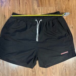 Vintage Prada Black Swim Trunks with White Drawstring and Red Logo Size 3XL